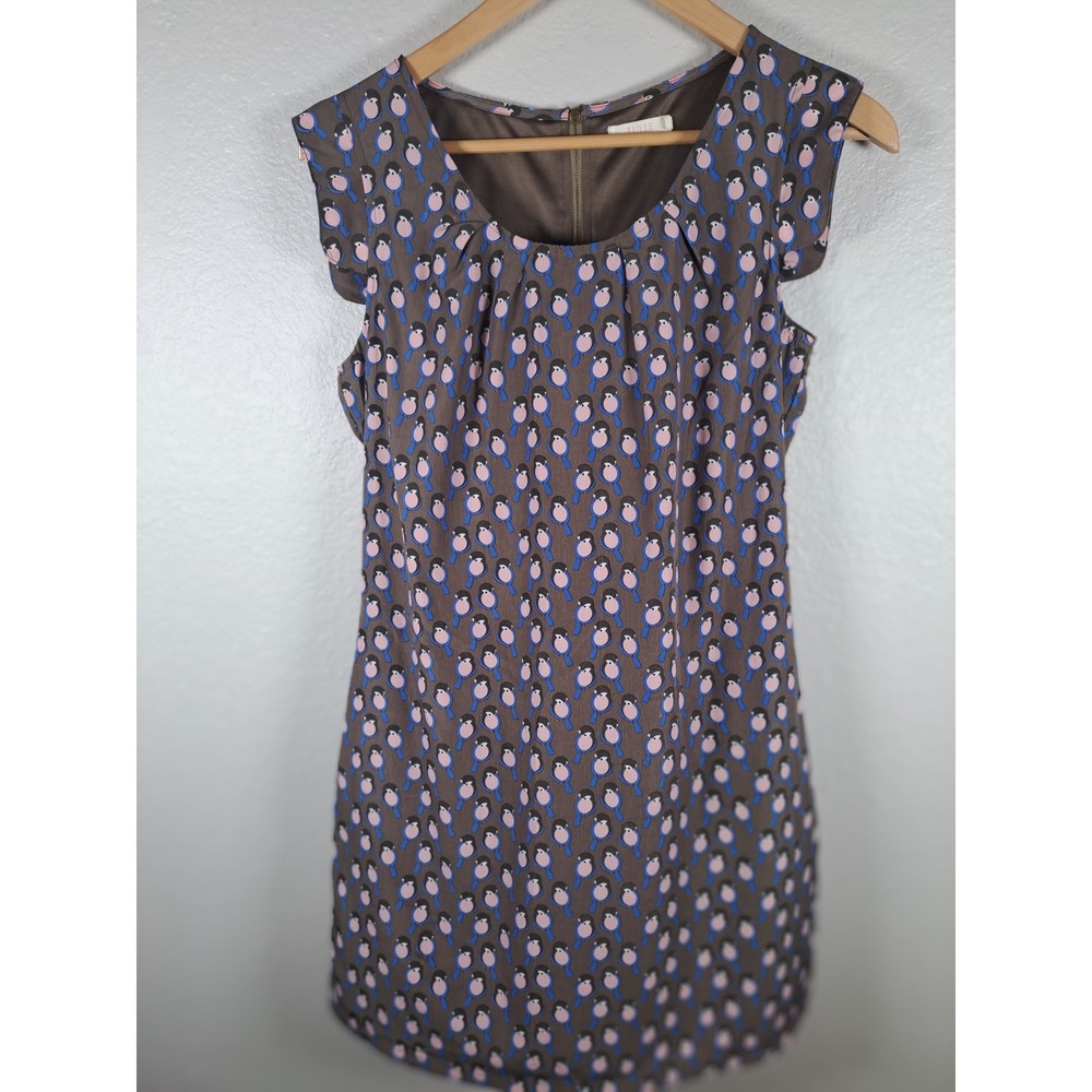 Tulle Bird Print Sleeveless Shift Dress Brown Blue Pink I6739 XS
